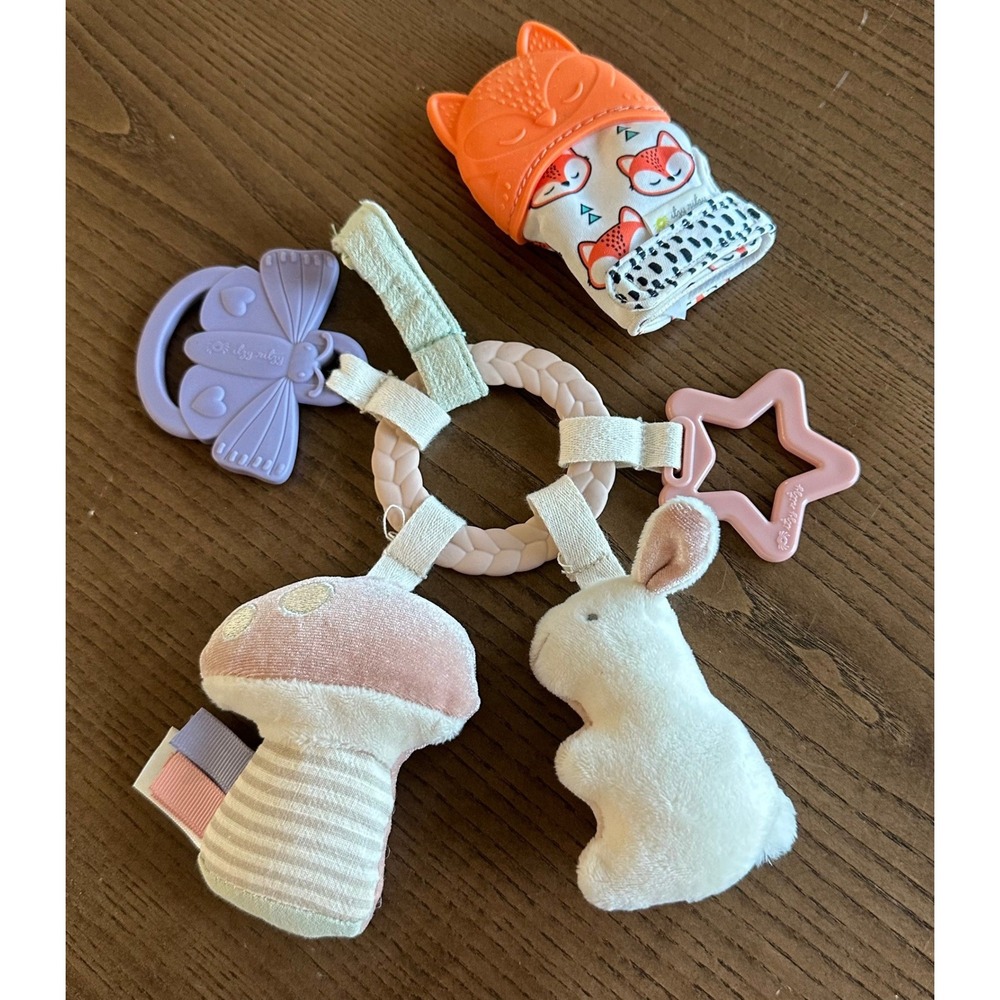 Itzy Ritzy Baby Toy Bundle Teething Mitt Plush Rattle Mushroom Bunny Silicone